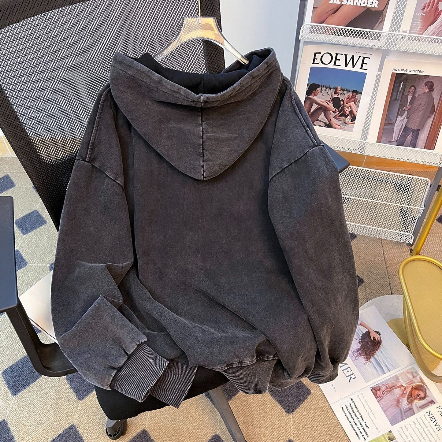 High Street Wash Vintage Pure Cotton Chinese Cotton Composite Hooded Sweatshirt Autumn Washed Distressed Waxed Top