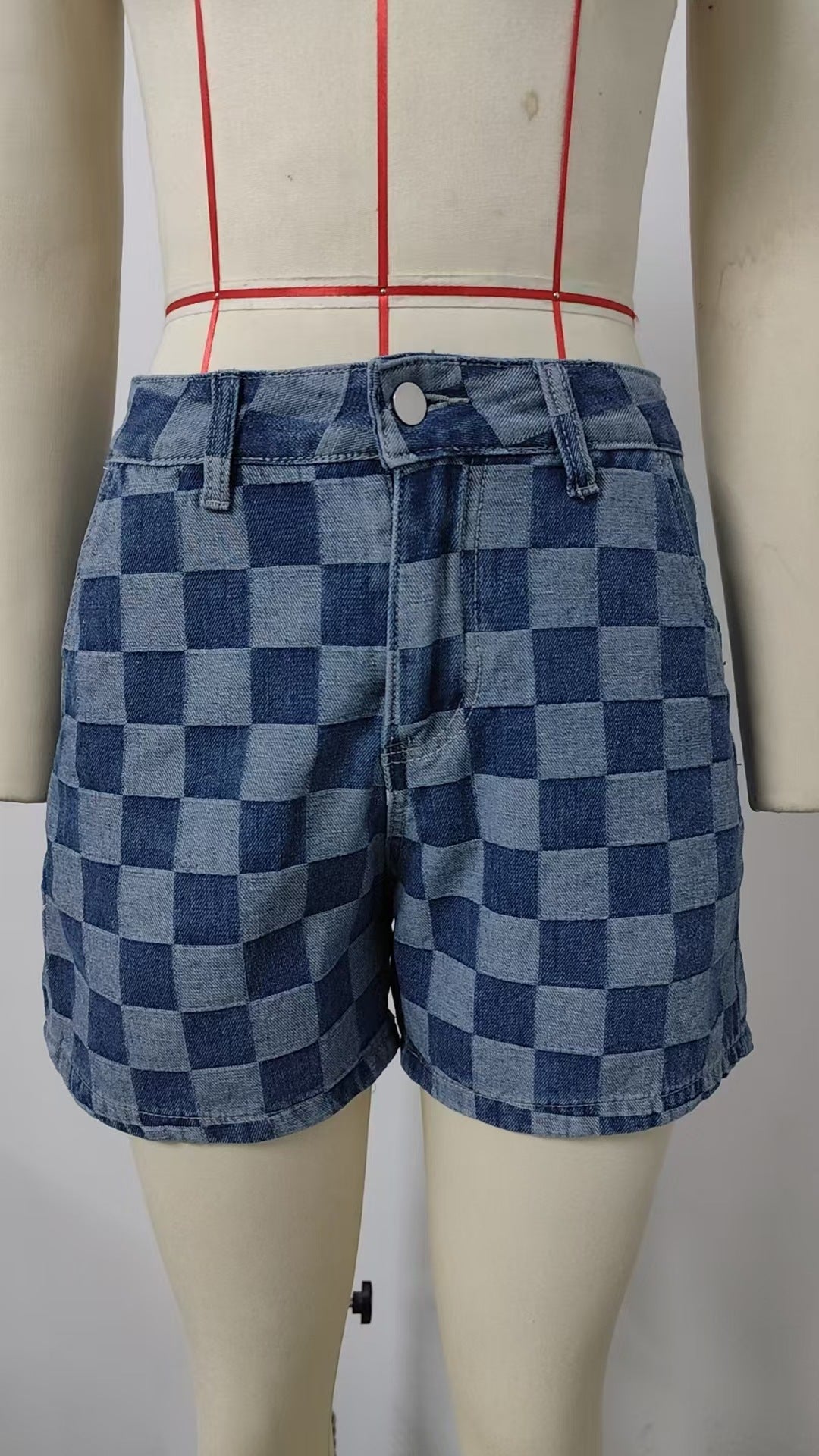 Women Summer Thin Washed Casual Loose Denim Plaid Shirt Short Sleeve Sets