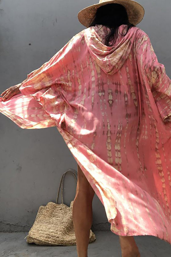 Boho Tie-dye Print Hooded Kimono Cover-up