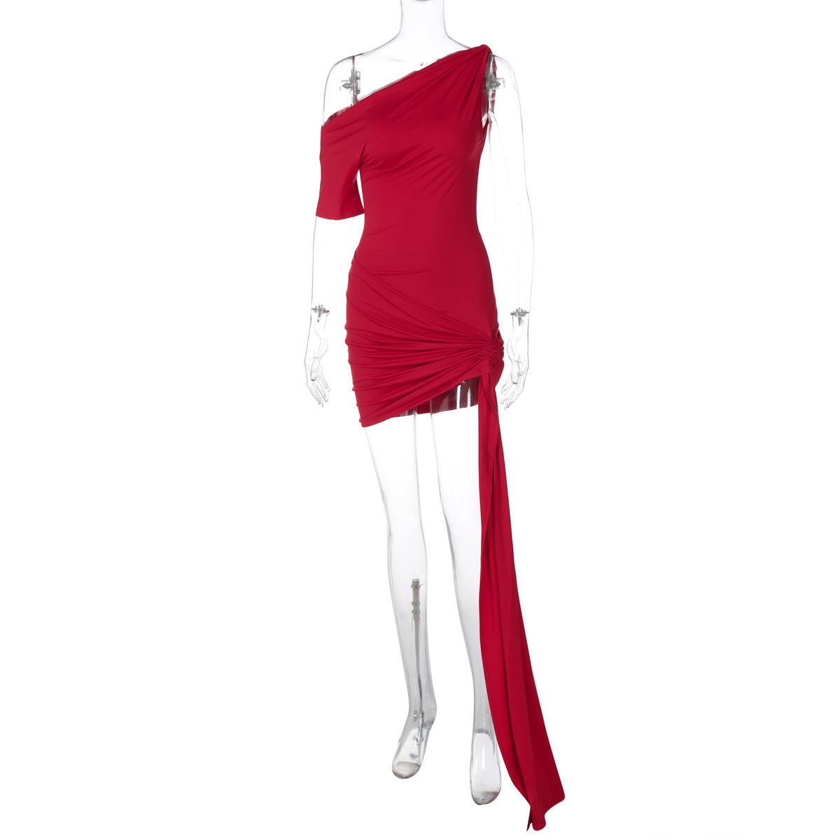 Women Clothing Spring Solid Color Sexy Oblique Shoulder Single Sleeve Asymmetric Ribbon Skinny Hip Dress