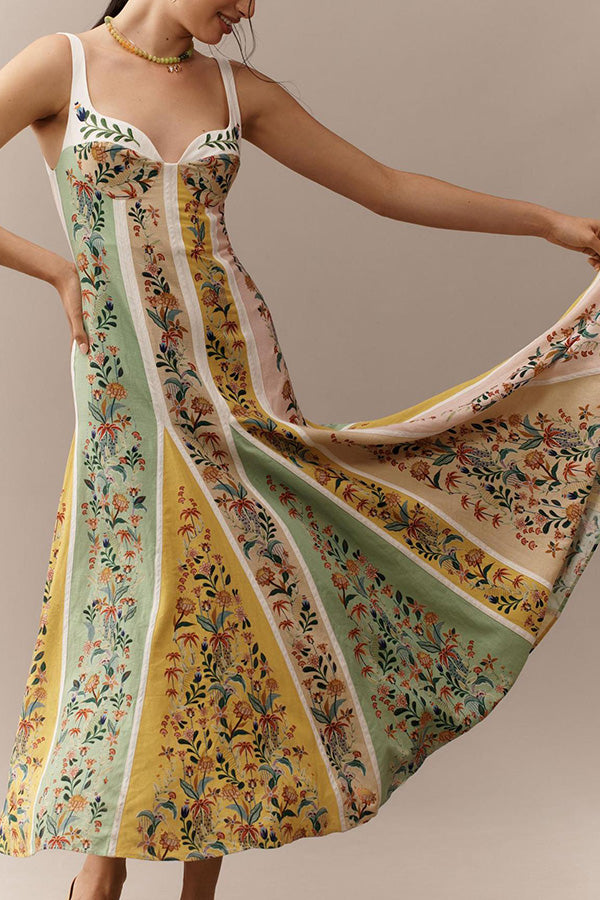 Sweet Garden Linen Blend Color Block Floral Paneled Maxi Dress