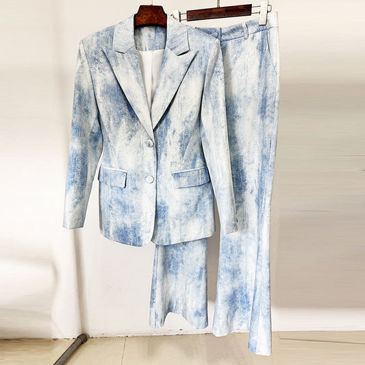 Spring Tie Dyed Printed Slim Fit Mid Length Blazer Trousers Two Piece Set