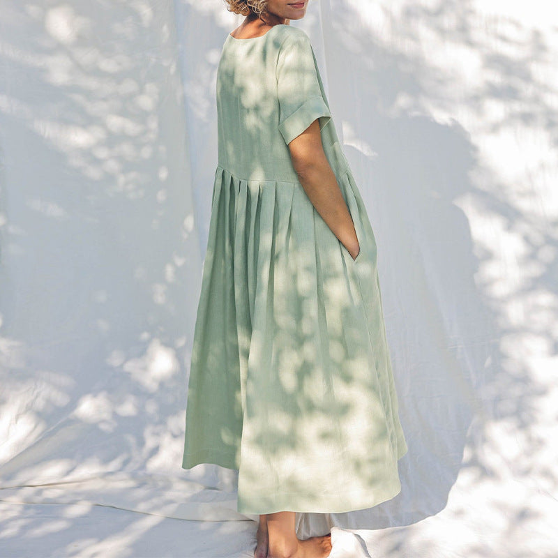 Square Collar Cotton Linen Dress Short Sleeve Women Clothing Summer Nordic Niche Loose Mid Length