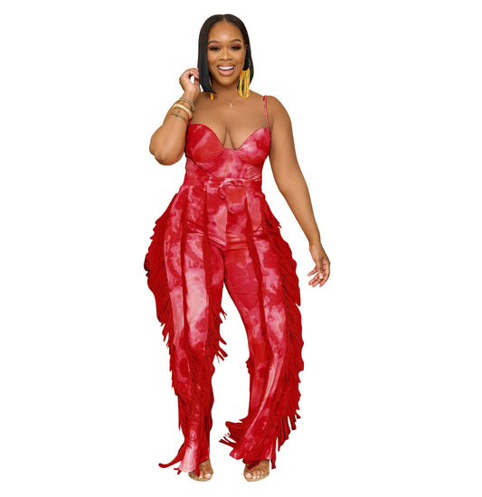 Women Clothing Suit Printed Tassel Lace Sling Jumpsuit Two Piece Suit
