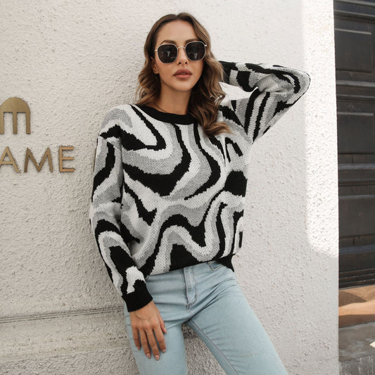 Tie Dyed Brocade Sweater Women Loose Autumn Winter Long-Sleeved Casual Knitwear Sweater