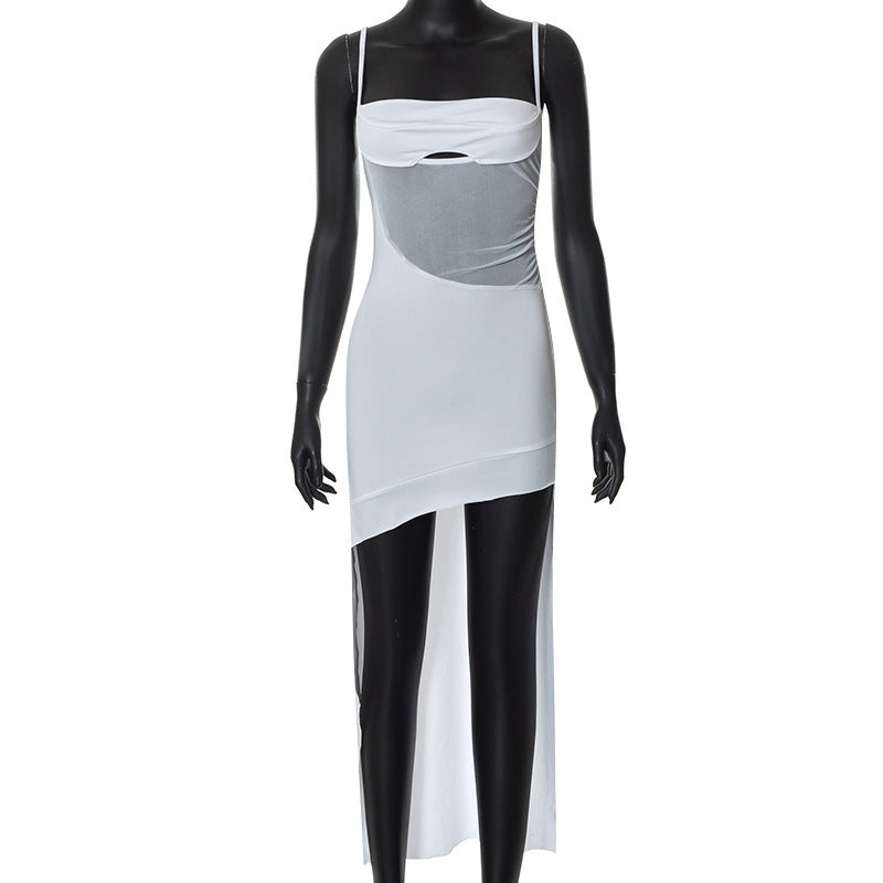 Women Clothing Autumn Solid Color Sleeveless off Shoulder Mesh Splicing Sling Dress