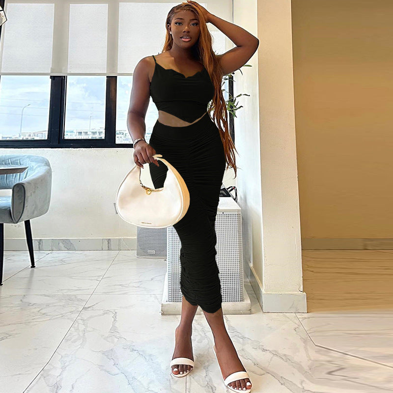 Solid Color Sexy Sling Small Tank Top Hip Casual Two Piece Suit Women