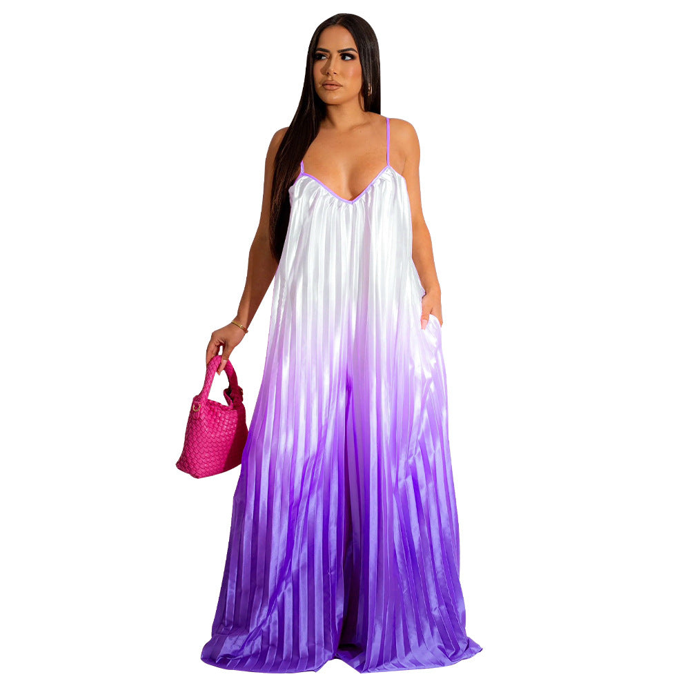 Women Clothing Sexy Deep V Plunge Sling Backless Wide Leg Pants Gradient Jumpsuit