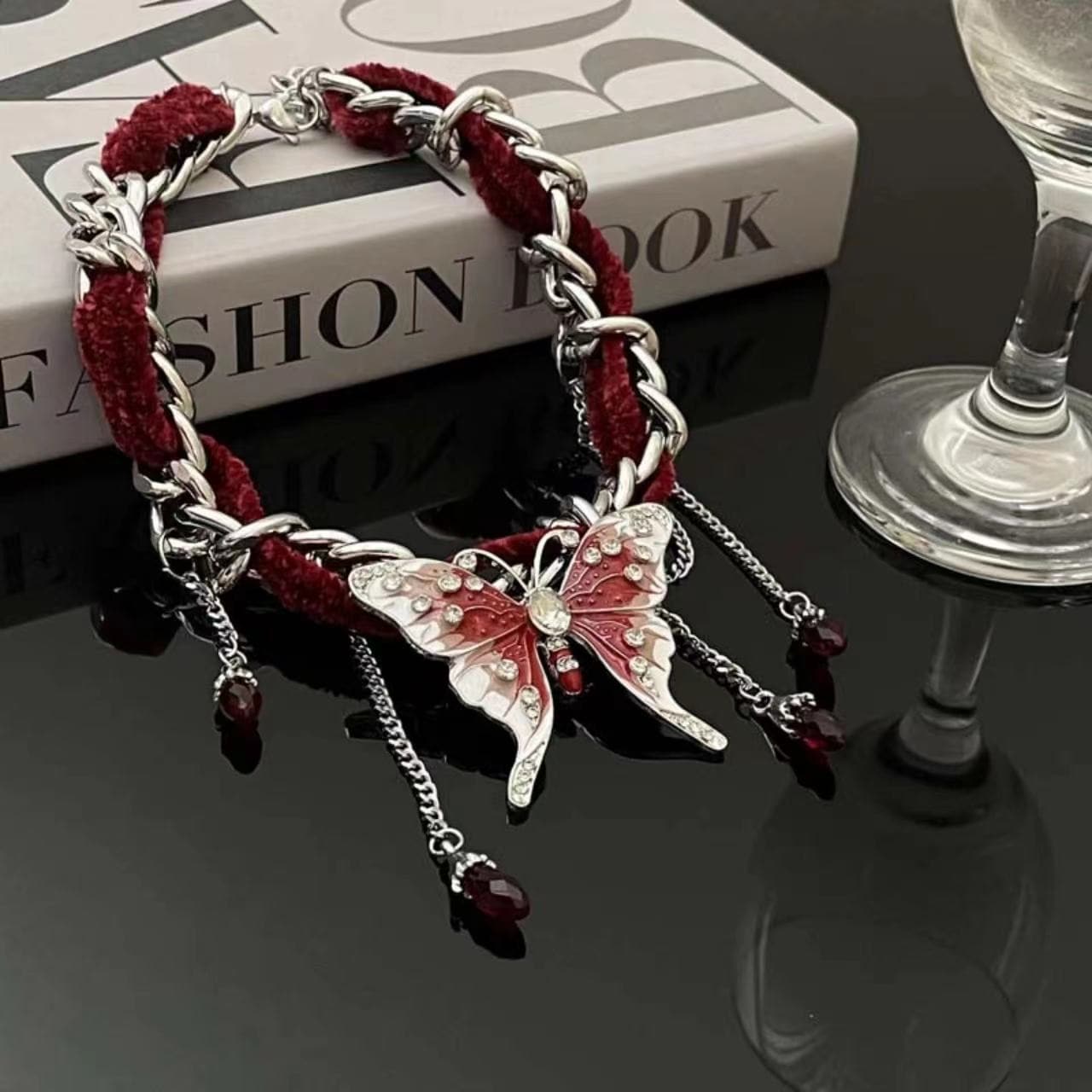 Red butterfly pendant fluffy choker necklace | Festival Outfits Women