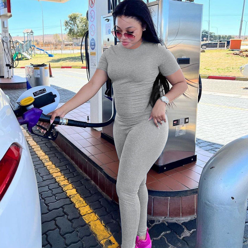 Women Clothing Winter round Neck Zipper Solid Color Short Sleeve Trousers Sports Jumpsuit Women