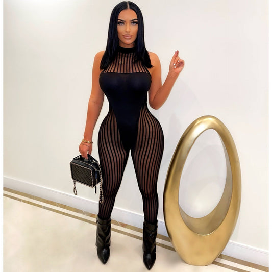 Women Clothing Sexy Mesh Stripes Stitching Women Jumpsuit