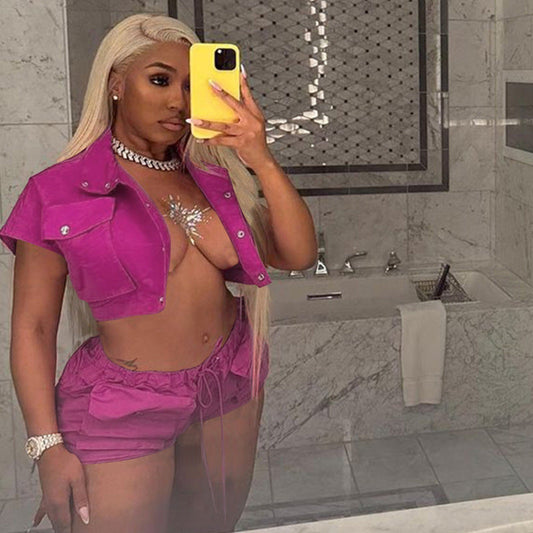 Women Clothing Summer Pocket Top Shorts Set for Women