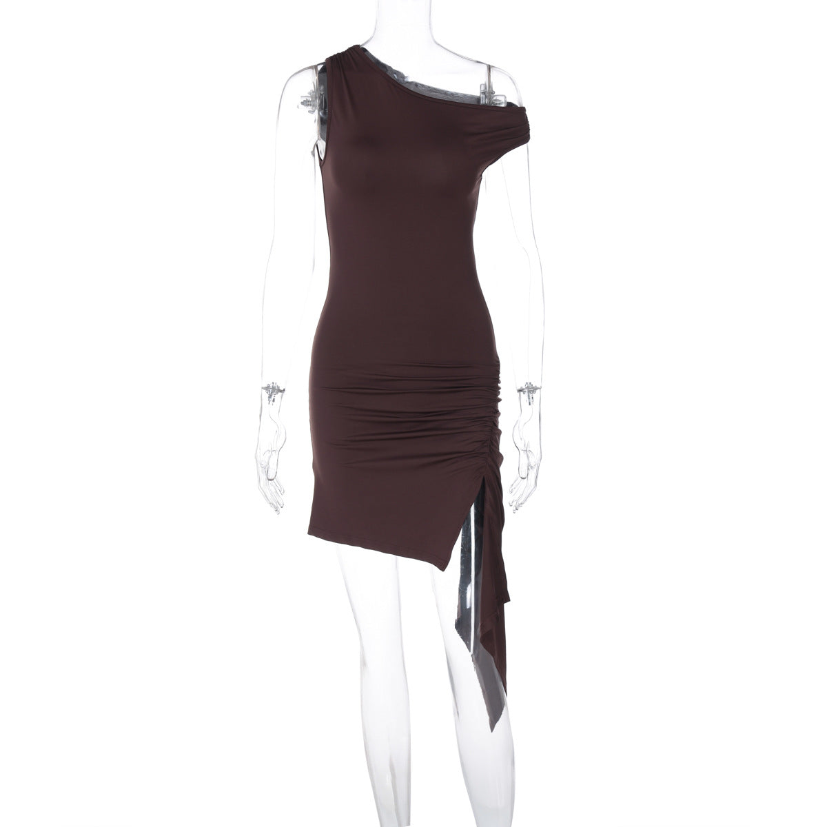 Spring Women Clothing Solid Color Diagonal Collar One Shoulder Irregular Asymmetric Ruffle Hip Dress Women