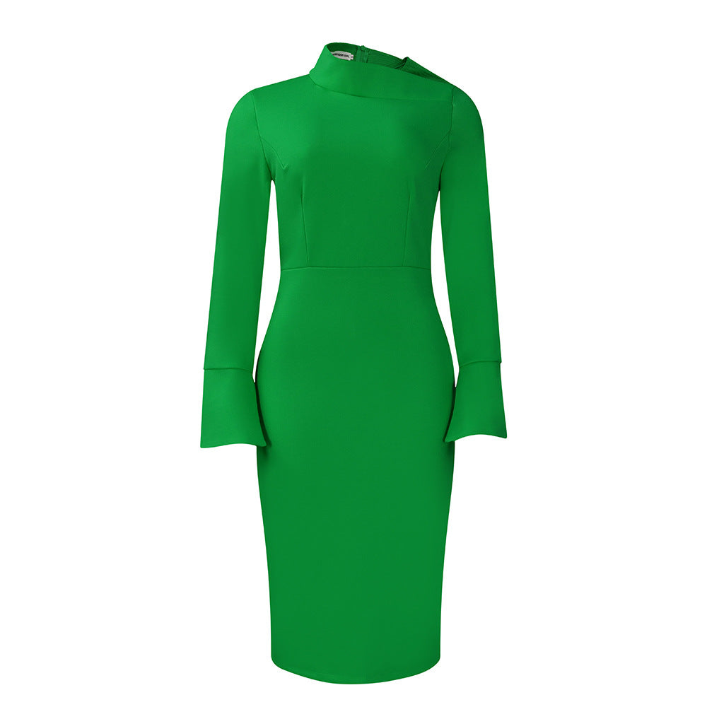 Autumn Winter Long Sleeve Narrow Office Diagonal Collar Solid Color Dress