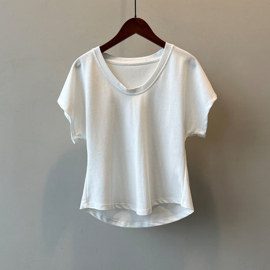 Three Dimensional Simple U Neck Short Sleeved T shirt for Women Summer Slimming Wide Sleeved Top