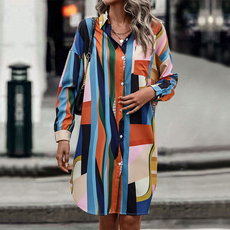 Original Women Clothing Color Stitching Turnover Neck Mid Length Shirt Dress