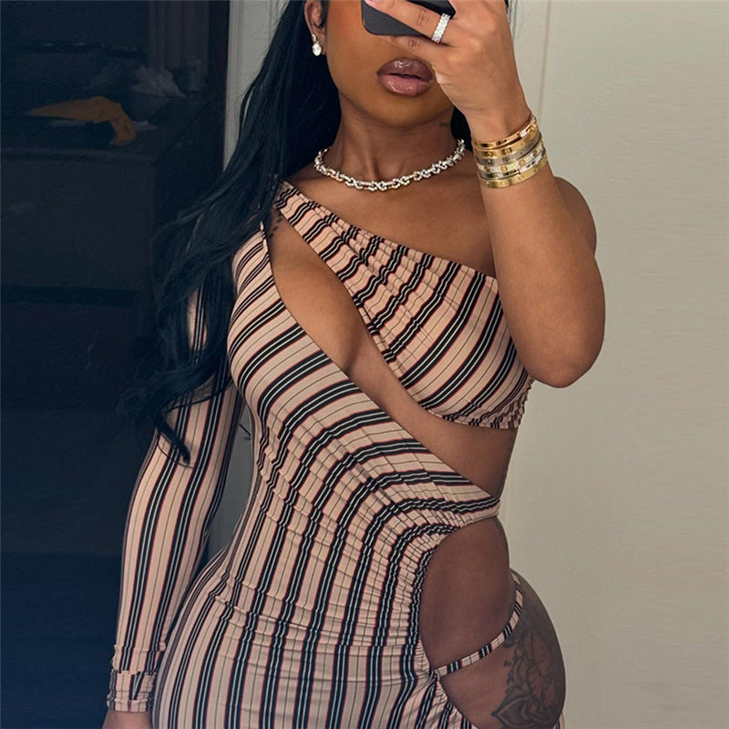 Winter Women Clothing Sexy Hollow Out Cutout Sexy Striped Tight One Piece Trousers