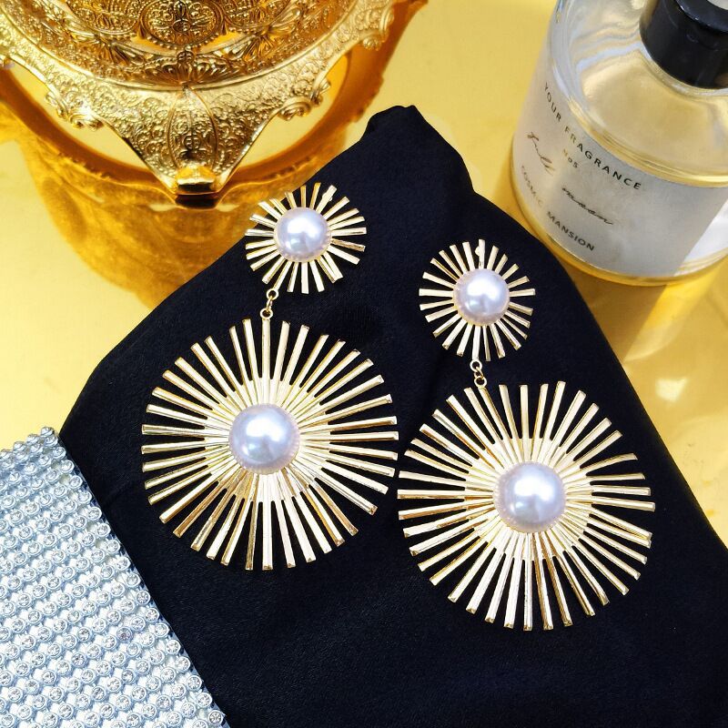 Beaded Double Geometric Pattern Drop Earrings