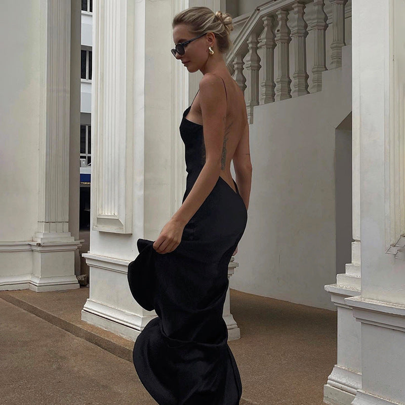 Sexy V neck Bare Back Split Dress Socialite Basic Bottoming Dress