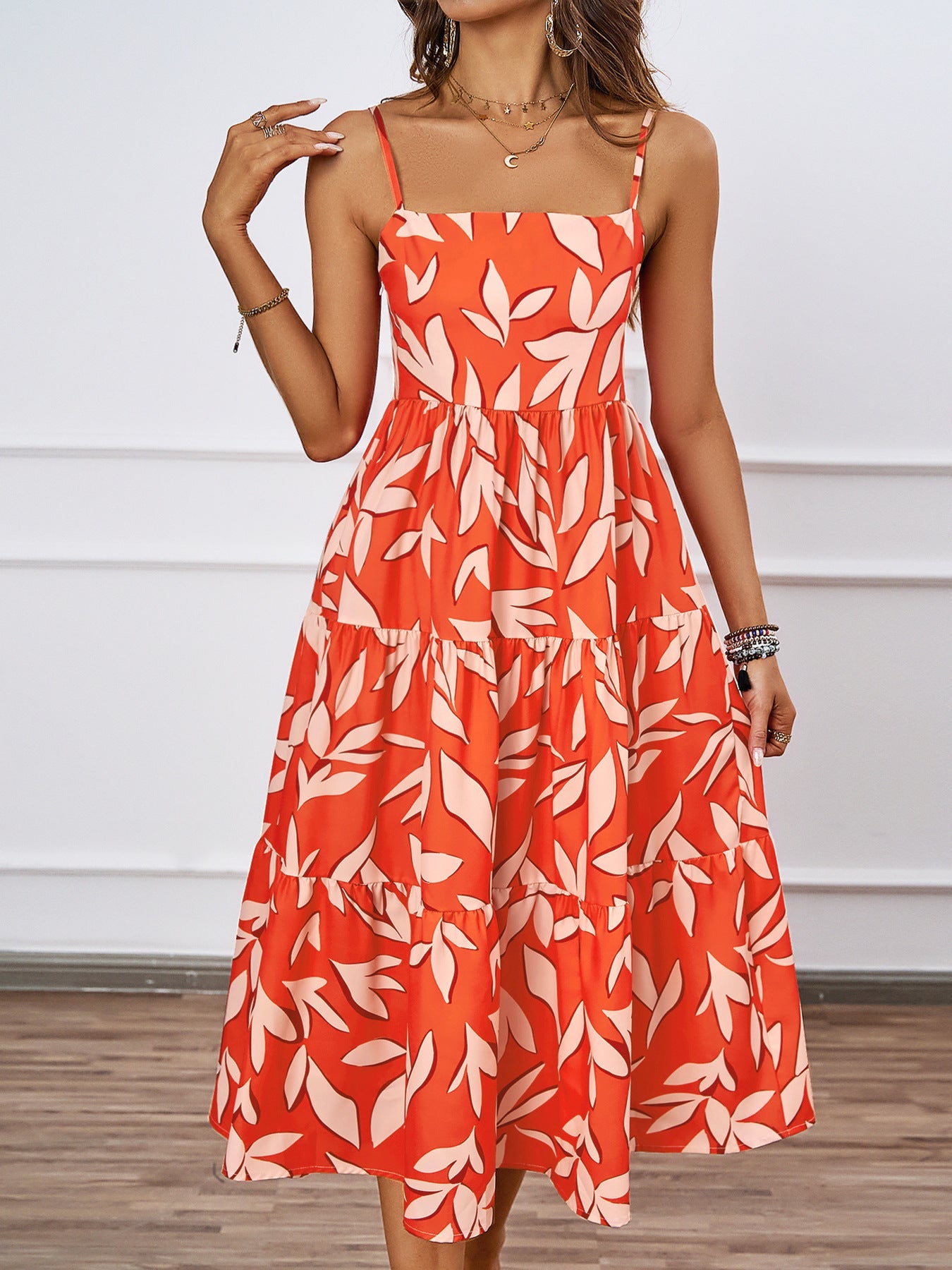 Vacation Spaghetti Strap Backless A line Long Casual Swing Printing Dress Women