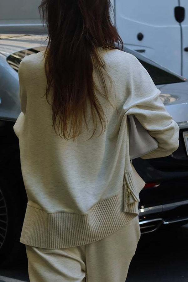 Double Soft Turtleneck Side Zipper Sweatshirt and Elastic Waist Pocketed Loose Pants Set