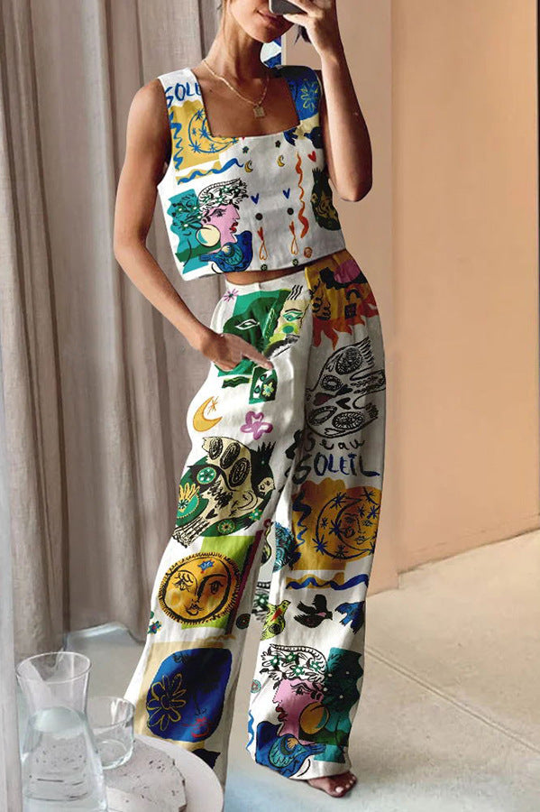 Printed Wide Leg Pants Vest Casual Two Piece Set Women Amplified craft