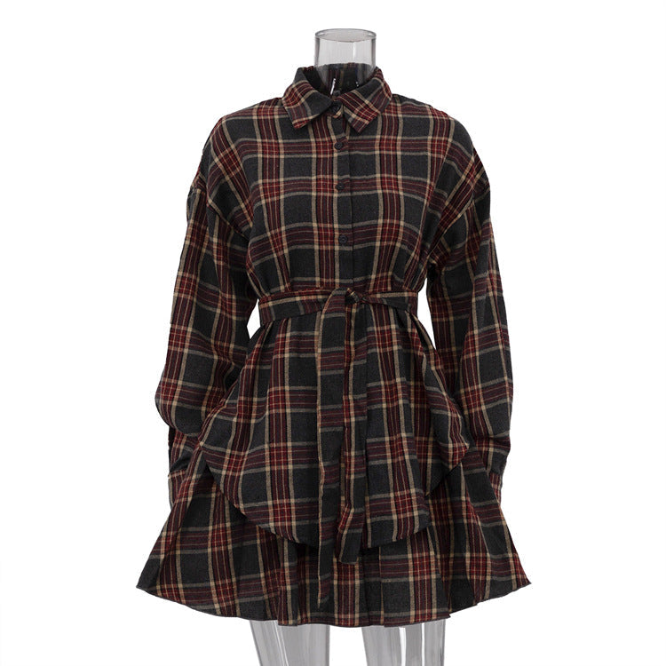 Casual Check Skirt Set Women Collared Loose Shirt Lace up Pleated Skirt Two Piece Set