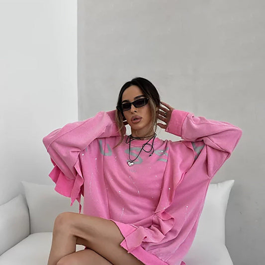 Street round Neck Mid Length Loose Lotus Leaf Sweatshirt Women Summer Dopamine Printing Sweatshirt Top