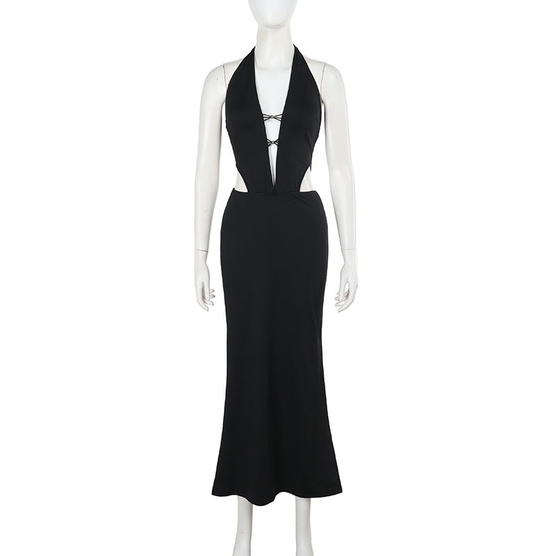 Deep V Plunge neck Backless Halter Hollow Out Cutout Sexy Dress Women Sexy Dress