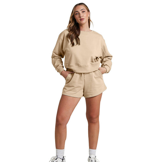 Solid Color Long Sleeve Sweaters Women Clothing Short Two-Piece Casual Shorts Suit