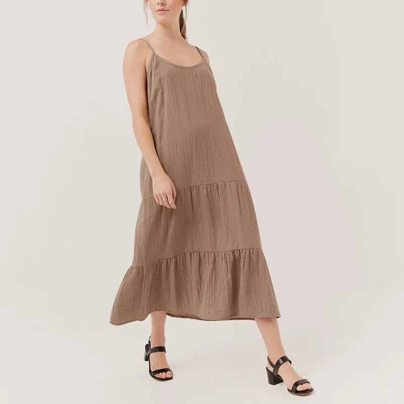 Crepe Cotton Suspender Dress Women Spring Summer Solid Color Sleeveless Midi Dress Holiday Casual Dress