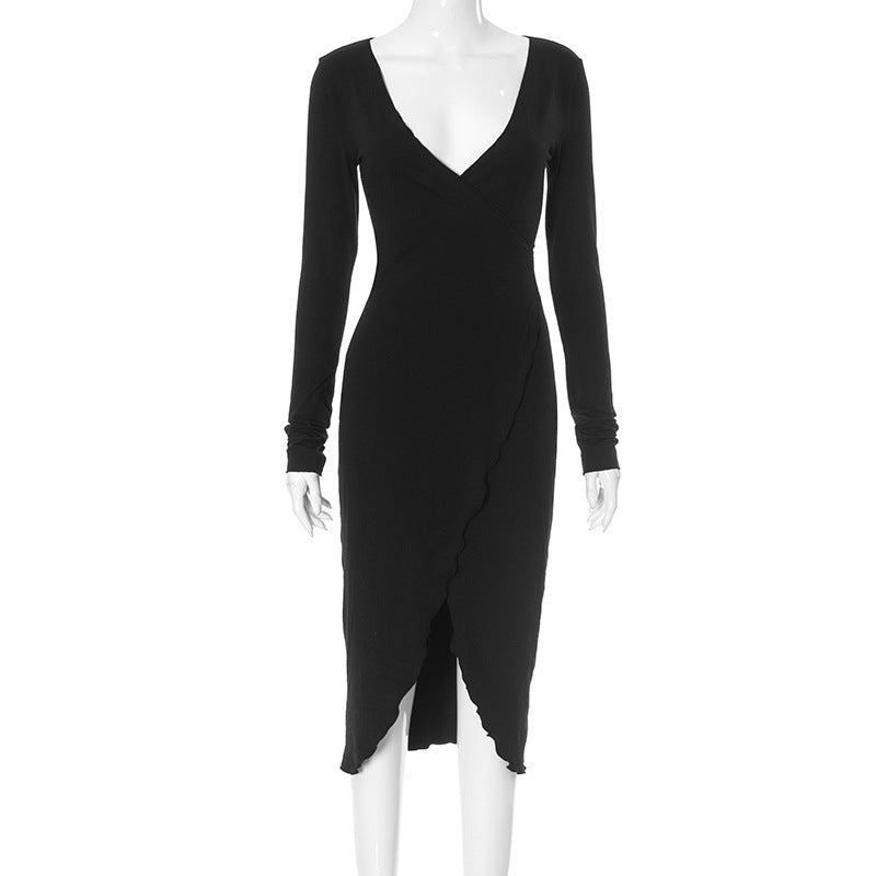 Women Clothing Deep V Plunge Long Sleeve Waist Tight High Slit Sexy Dress