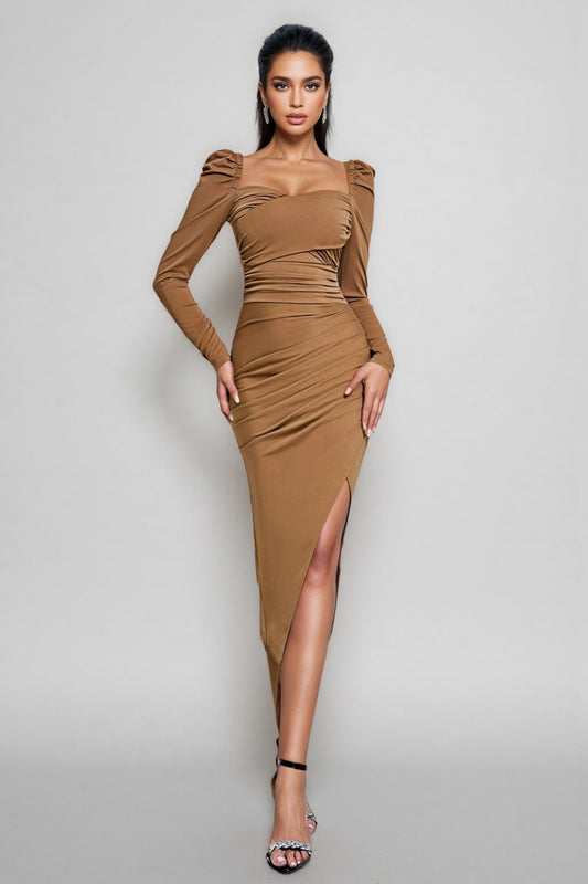 Kretska Sheath Long Sleeve Slim Backless Pleated Midi Dress