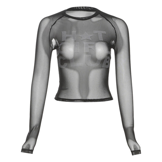 Spring Women Clothing Sexy Sexy round Neck Printed Mesh See through Slim Fit Cropped T shirt