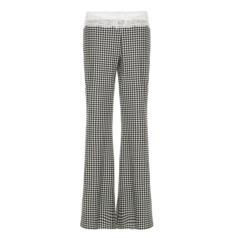 Spring Summer Women Clothing Plaid Stitching Lace Sling Bell Bottom Pants Street Two Piece Set