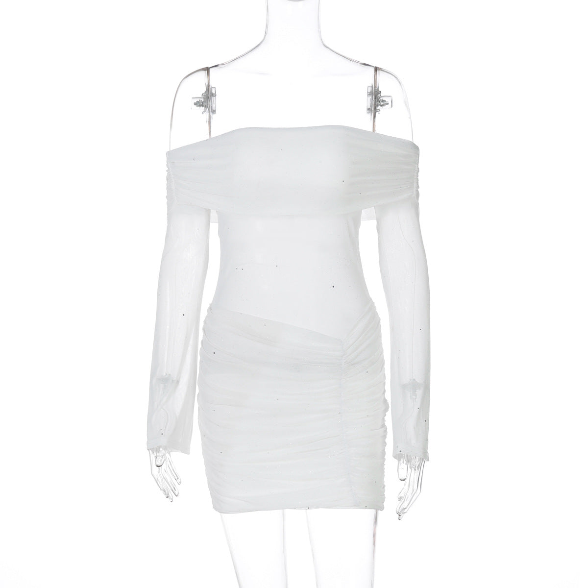 Women Clothing Spring Summer Mesh See through Tube Top off Collar Sexy Skinny Hip Dress