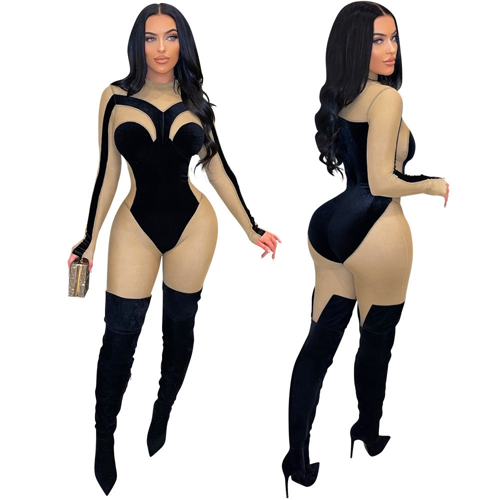Sexy See-through Velvet Tight Slimming Sheath Jumpsuit