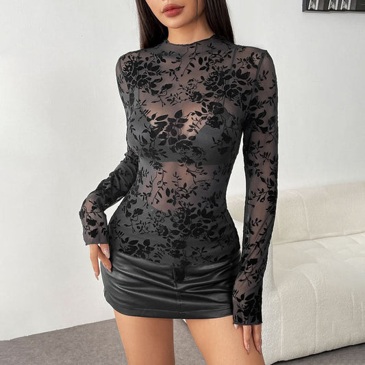 Crewneck long sleeve mesh flower print solid top | Festival Outfits Women