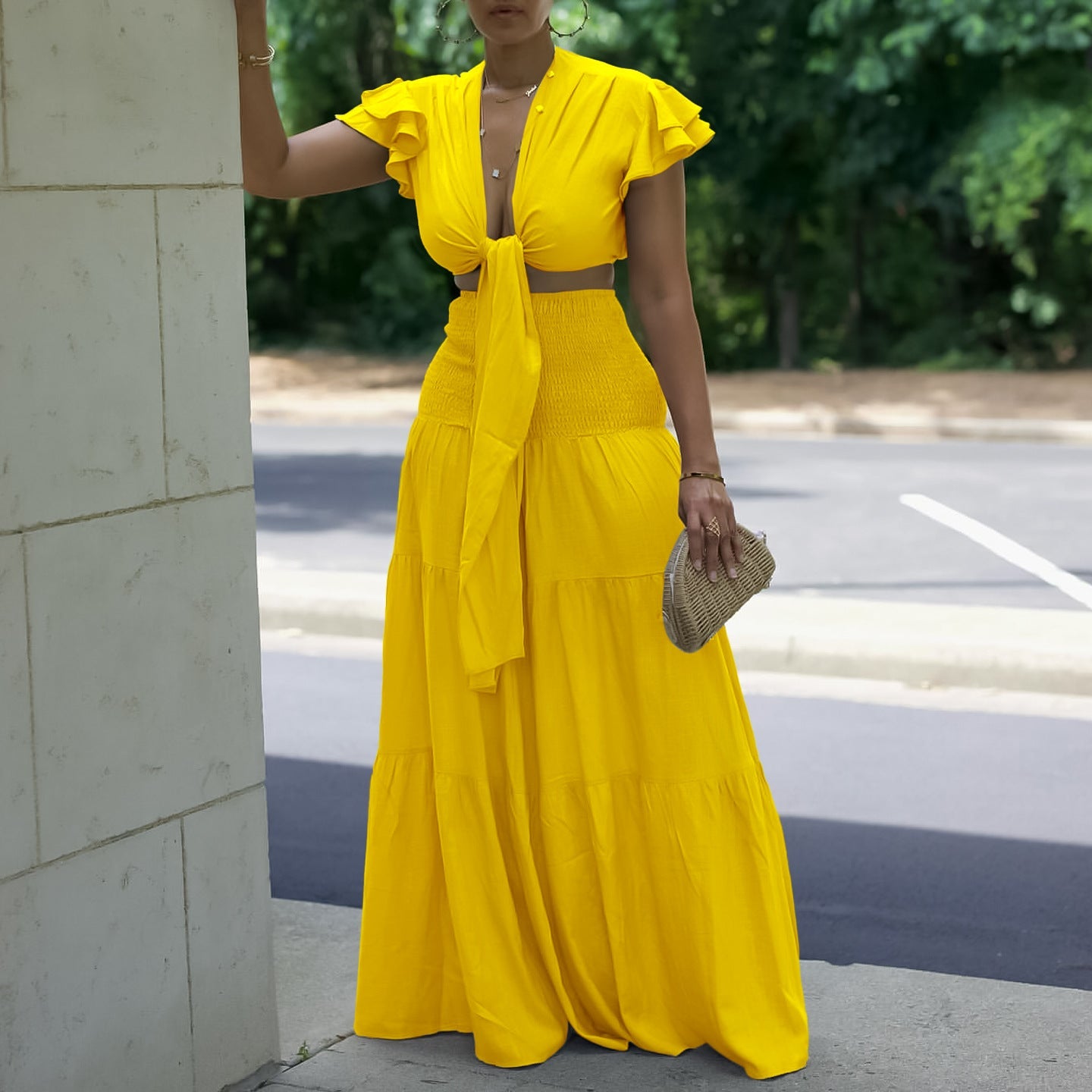 Women Short Sleeve Tied Top Wide Leg Pants Two Piece Set