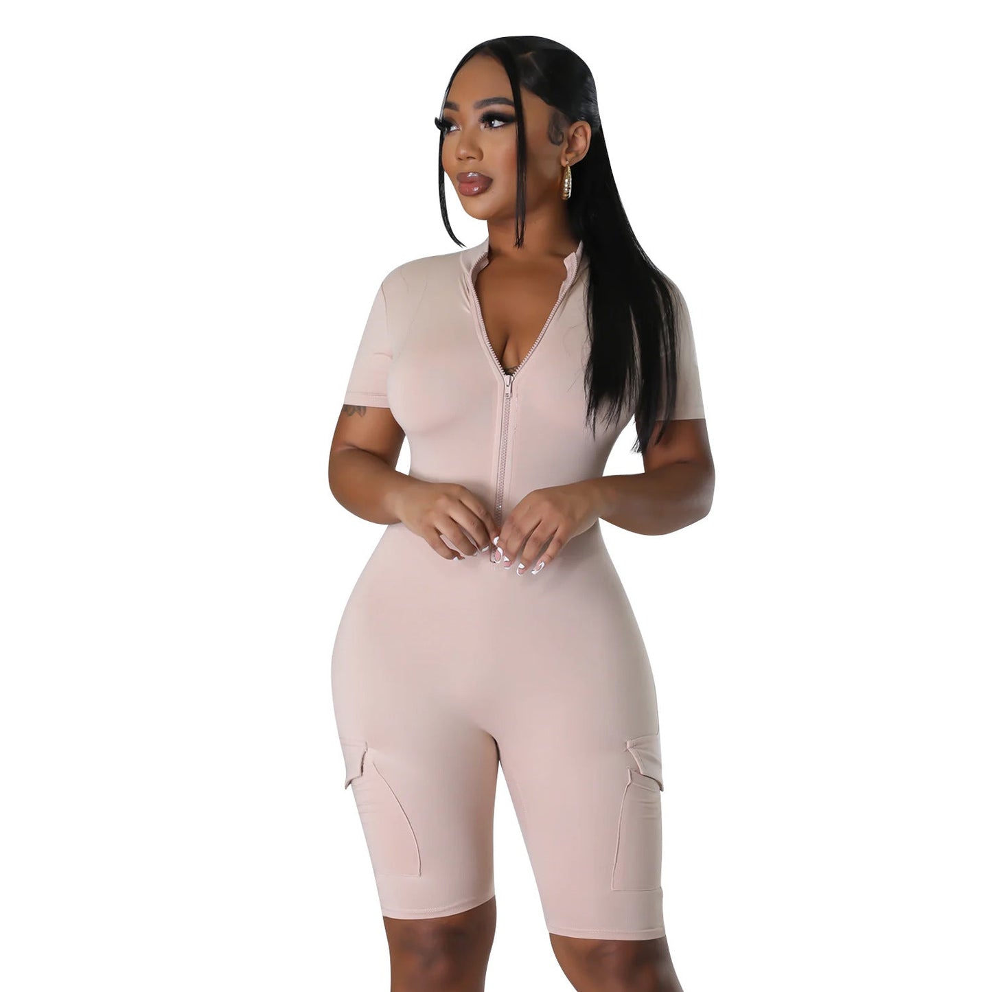 Summer Women Clothing Sexy Tight Short Sleeve Solid Color Jumpsuit for Women