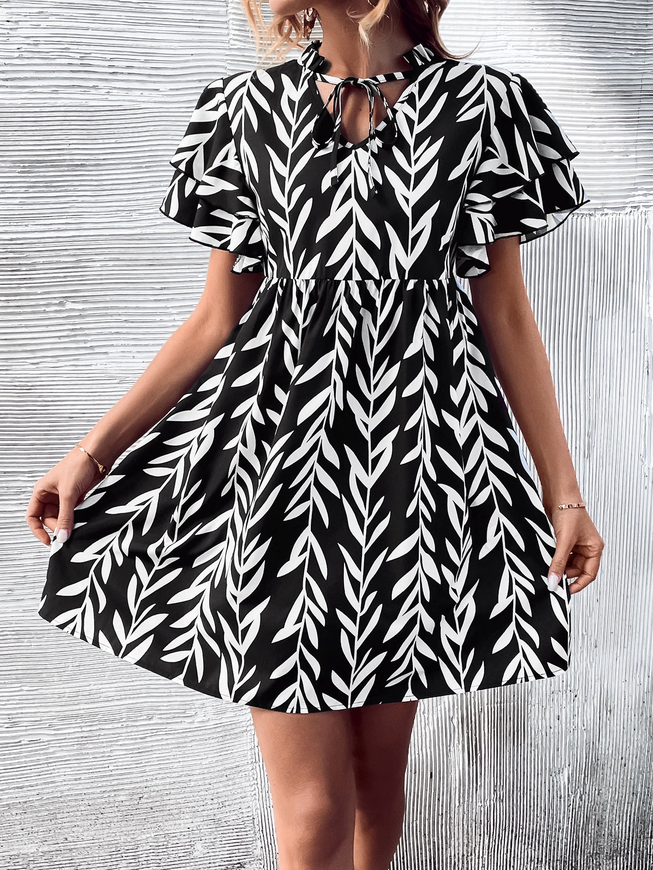 Women Clothing V-neck Printed High Waist Dress