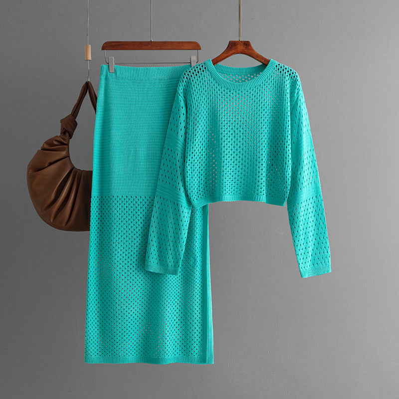 Women Summer Hollow Out Cutout Sweater Long Skirt Two Piece Set