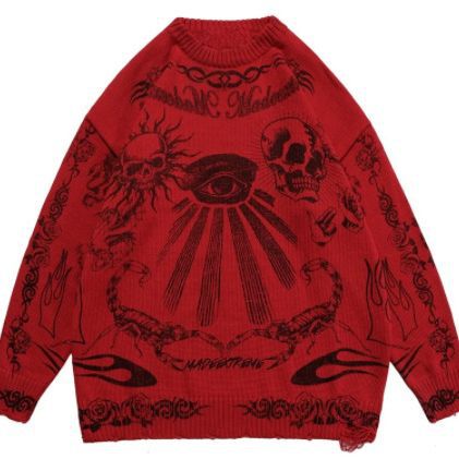 Harajuku Y2K Skull V-Neck Knit Sweater