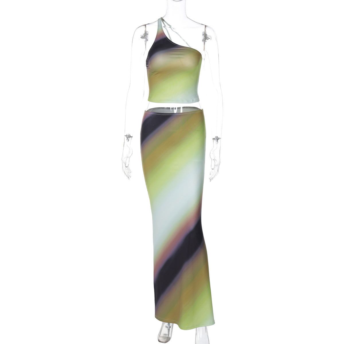 Women Clothing Summer Gradient Color One Shoulder Backless Holiday Casual Slim Fit Maxi Skirt Two Piece Sets