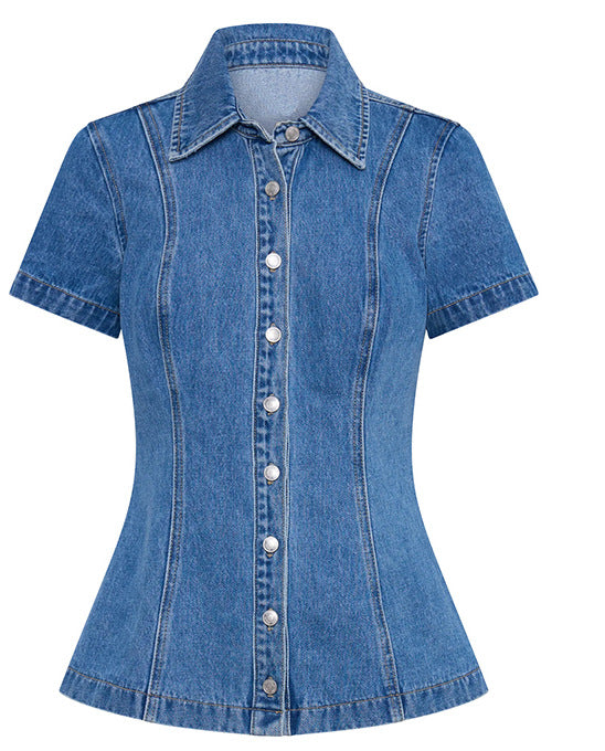 Women Denim Short Sleeve Button High Waist Skirt Sets
