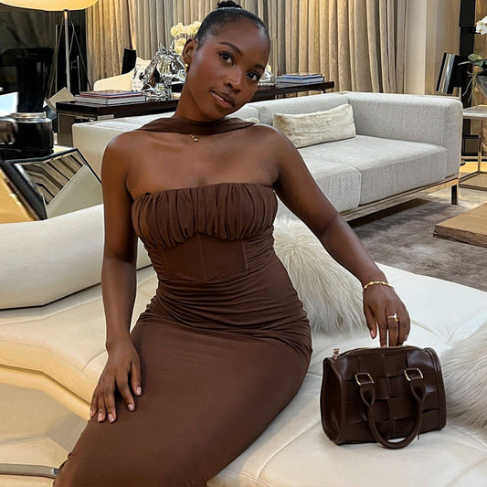 Women Clothing Solid Color Dress Tube Top Halter Cold Shoulder Sleeveless Maxi Dress