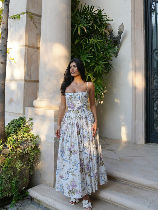 Lilac Gardenia – Strapless Floral Corset Maxi Dress