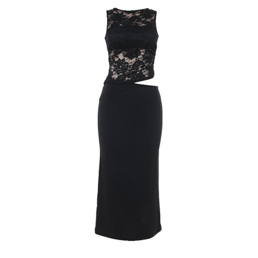 Autumn Elegant Sexy Vest Lace Hollow Out Cutout Slim Fit Dress Women
