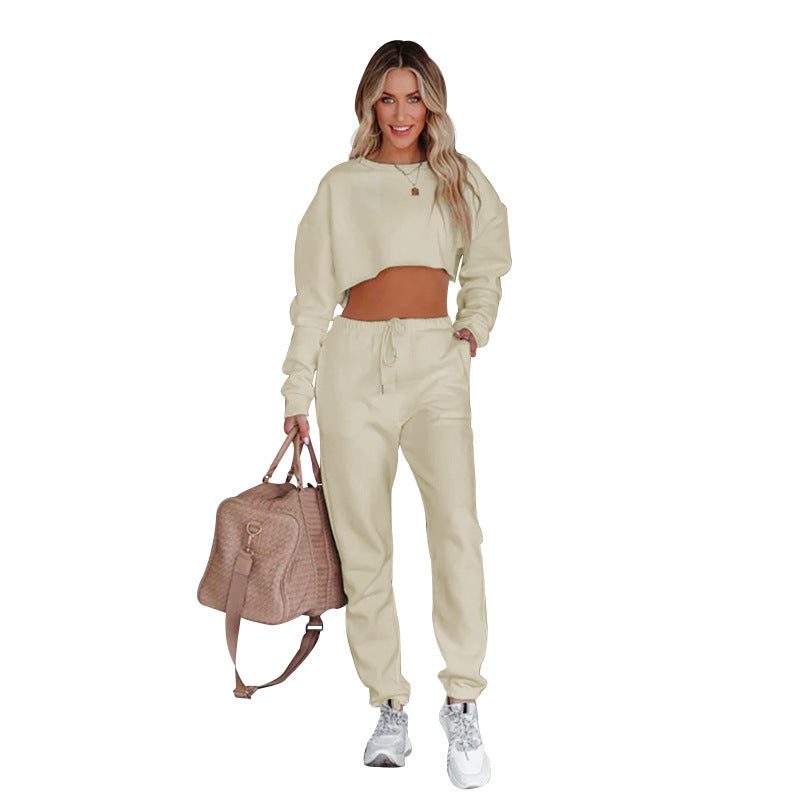 Autumn Winter Solid Color Round Neck Pullover Cropped Long Sleeve Sweaters Women’s Clothing Casual Drawstring Trousers Suit