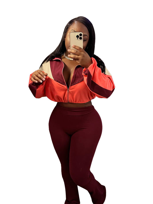 Sports Casual Women Clothing Color Matching Bare Cropped High Waist Slightly Flared Two Piece Set